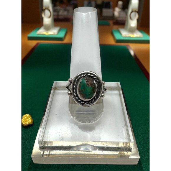 Native American Jewelry - Green Turquoise Native American Sterling Silver Ring Hand Crafted Size 7